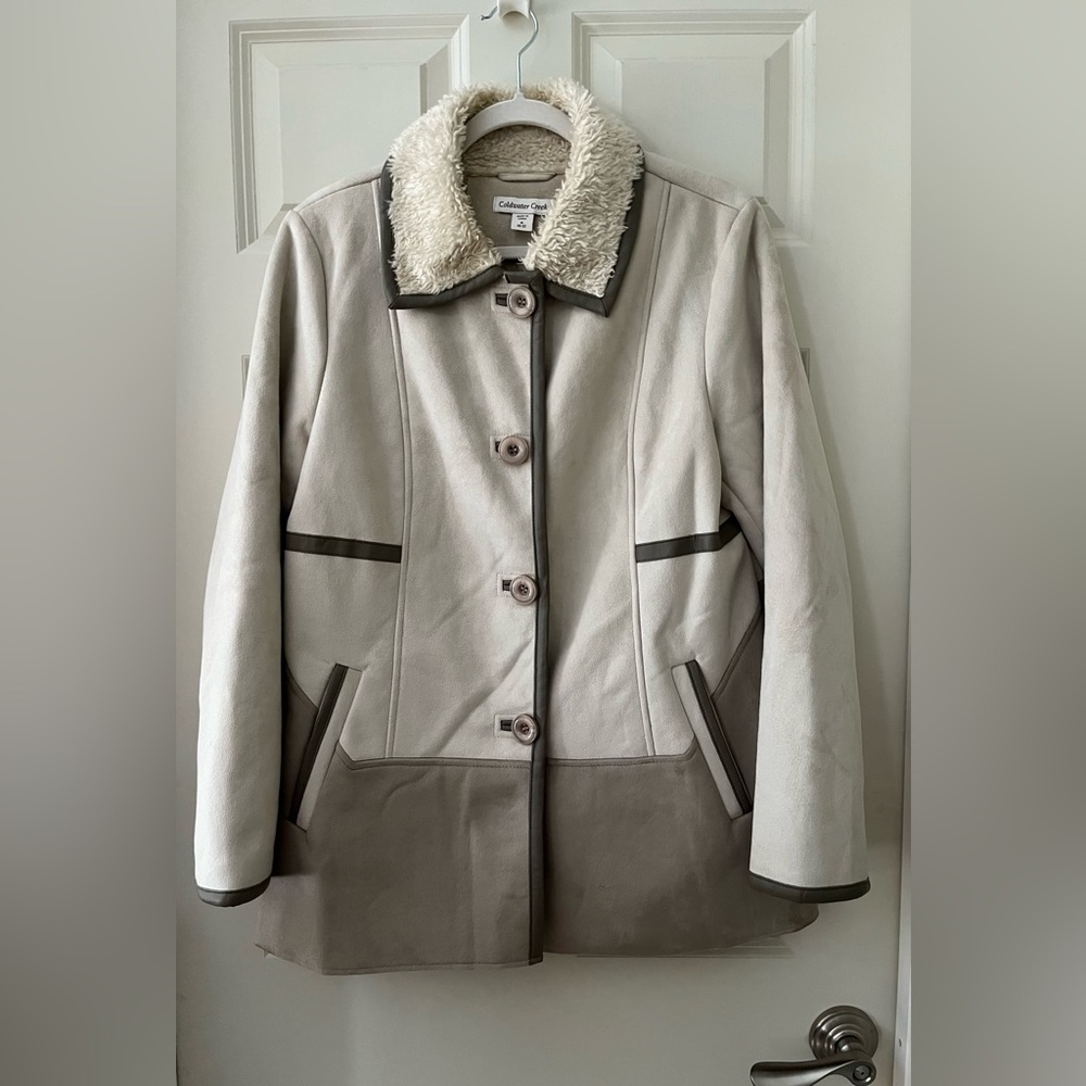 Women’s Coldwater Creek Faux Suede Sherpa long Jacket Coat Two-toned cream M